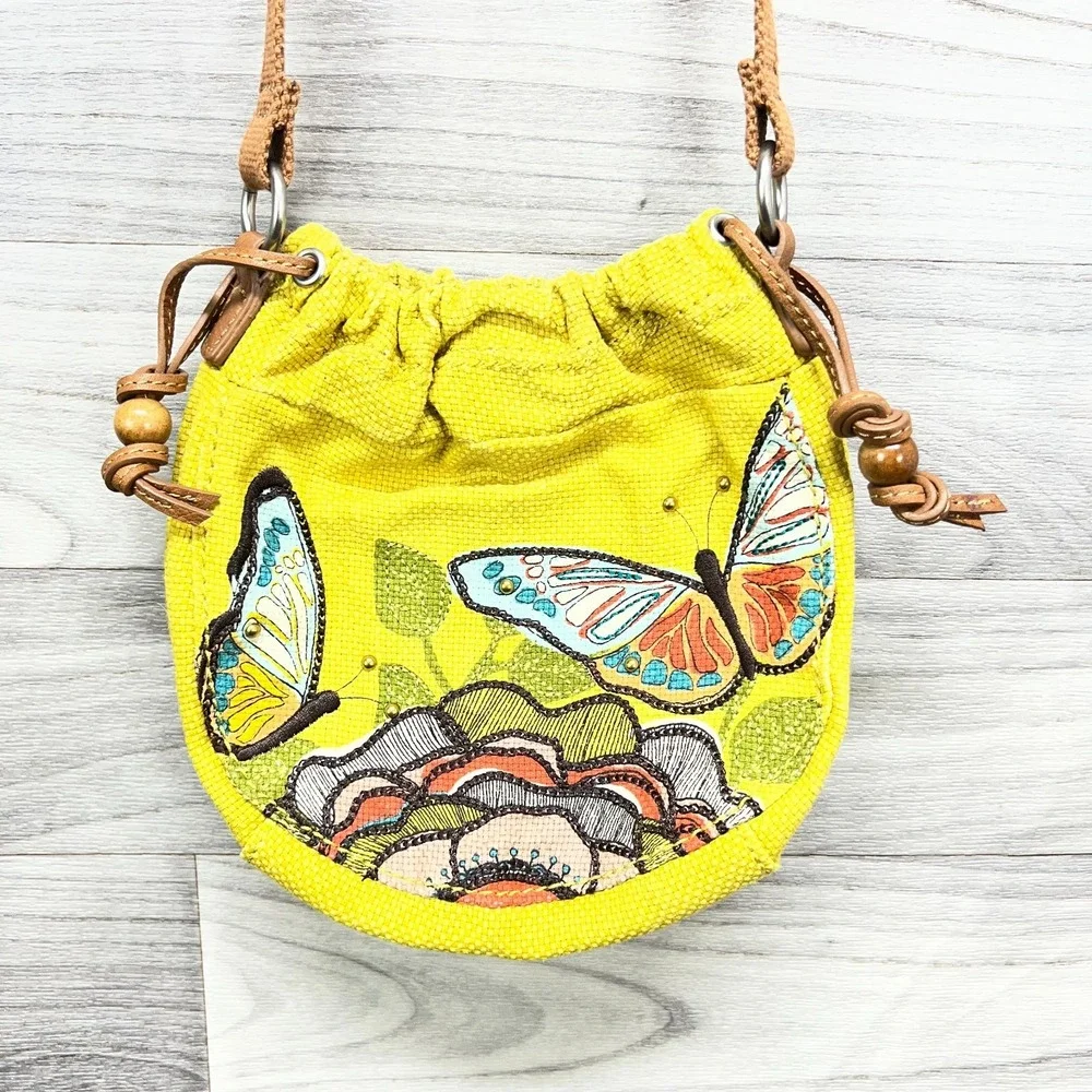 Vintage Fossil Crossbody Bag Purse Yellow Butterfly Motif‎ Mini Graphic Canvas - Picture 2 of 13